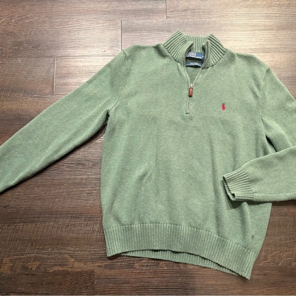 Polo Ralph Lauren Mens Large Green Maroon Pony 100% Cotton Quarter Zip Pullover